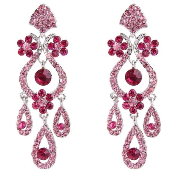 Silver with Pink Sapphire Austrian Crystal Flower Vase Chandelier Post Earrings